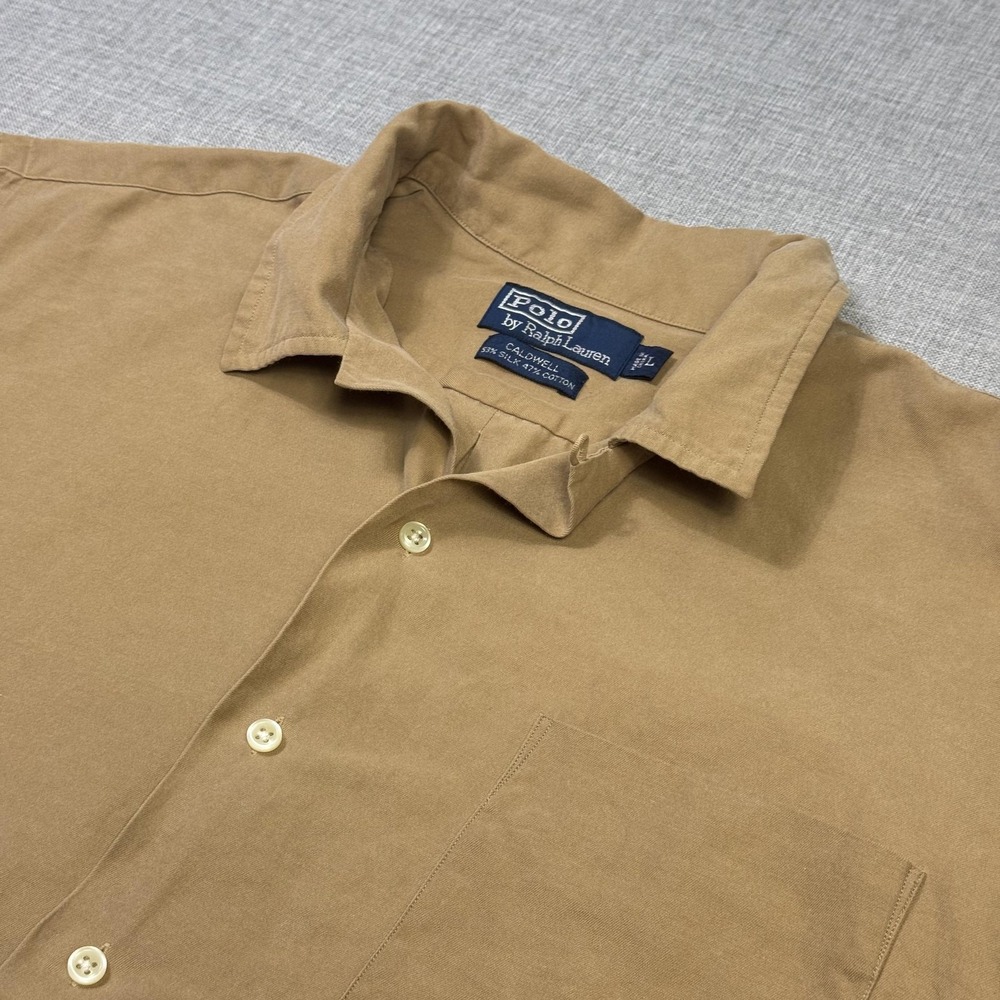 Polo Ralph Lauren Caldwell Vintage Loop Collar Shirt Mens Large Tan Silk Cotton
